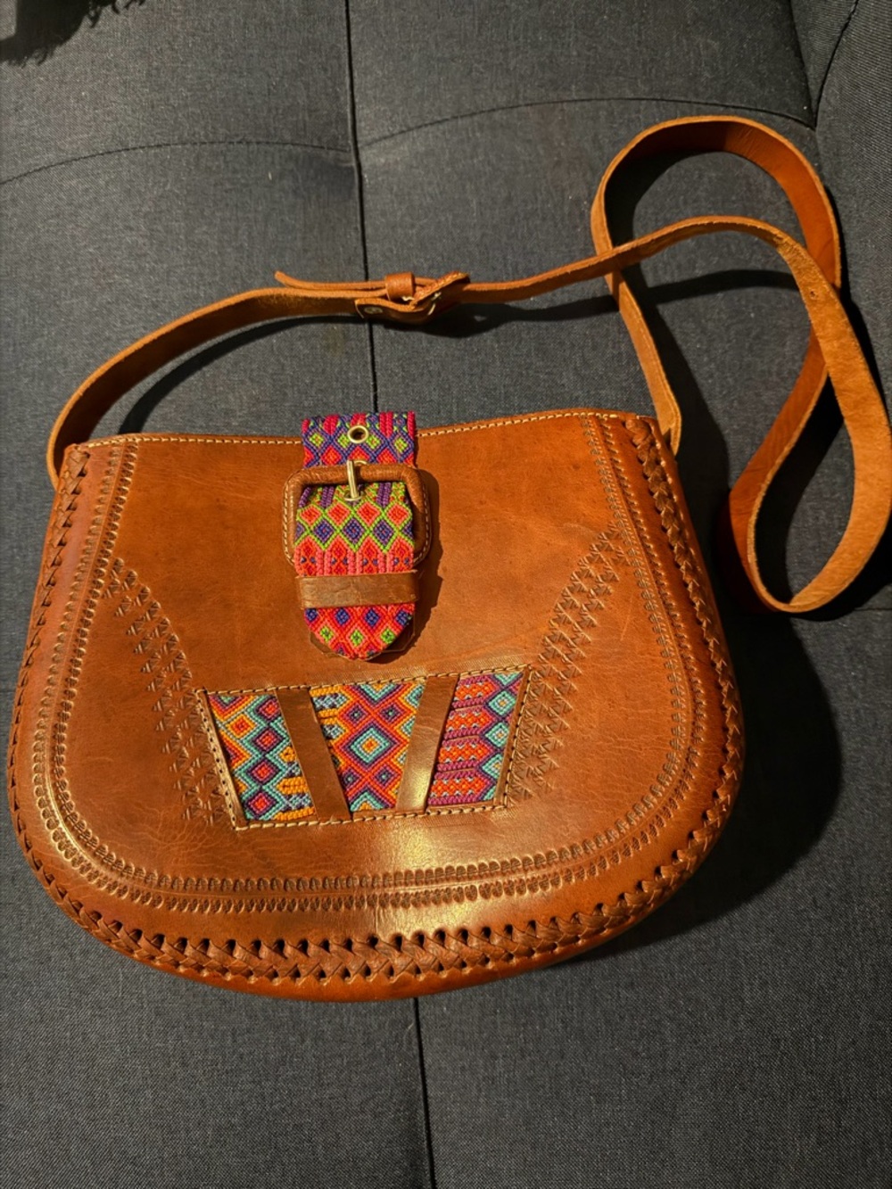 Handcrafted Tan Leather Crossbody Bag with Multicolor Embroidered Accents